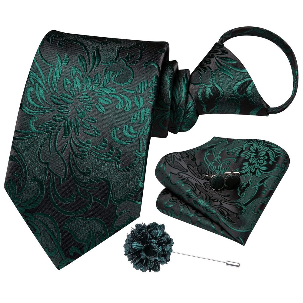 9057 Dark Green Ties Pretied Silk Adjustable Floral Zipper Necktie Pocket